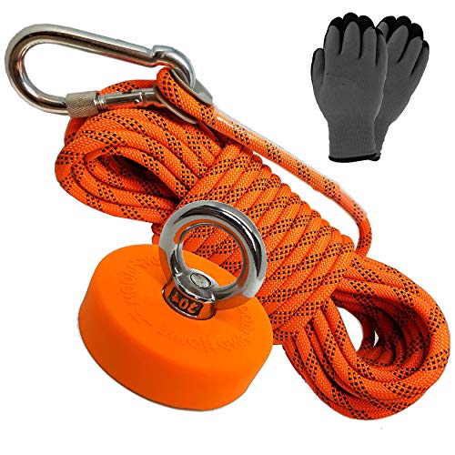 Woodland Home Magnet Fishing Kit 330LB with Rope 2000LB, Gloves and Durable Orange Rubber Protector, Neodymium Rare Earth Magnet, Fishing Magnet 2.36 inch