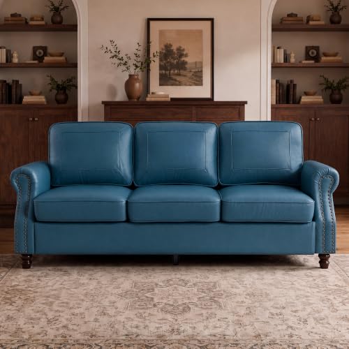 Kingfun Faux Leather 3 Seater Sofa with Rolled Arms,Royal Blue - image 1