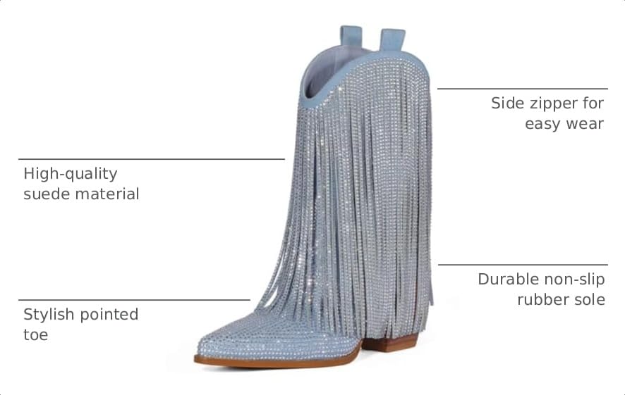 Image of Cowboy Boots for Women - Cowgirl Western Rhinestone Sparkly Fringe Chunky Heel Pointed Toe Mid Calf Boots
