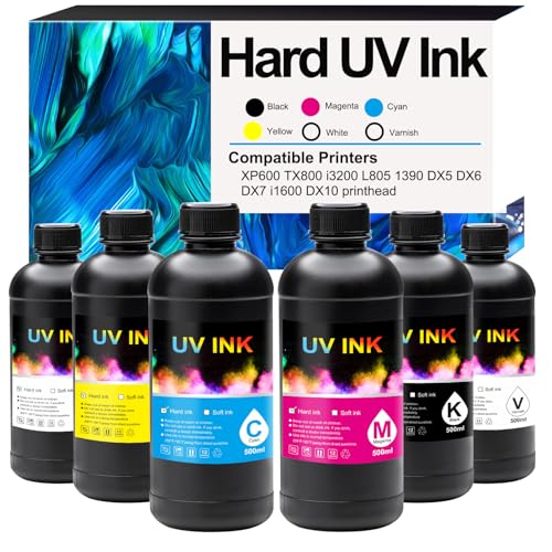 Aulay UV Ink for Hard Materials Compatible with Ep XP600 TX800 i3200 L805 1390 DX5 DX6 DX7 i1600 DX10 printhead – for Wood Acrylic,Plastic,Stone Material,etc 500MLx6 (CMYKWV)