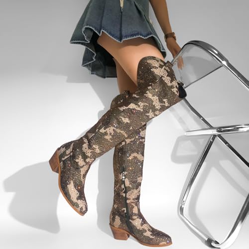 richealnini Women's Embroideried Rhinestones Western Cowboy Boots Sparkley Stretchy Long Shaft Wide Calf Thigh High Boots2