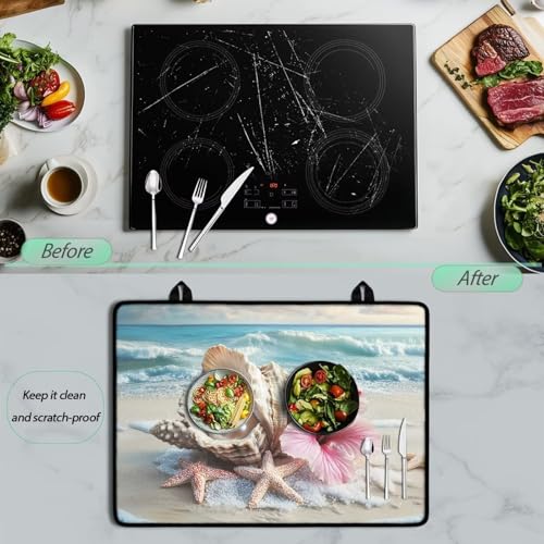 Image of Beach Starfish Seashell Flower Stove Cover 30 inchx21 inch Heat Resistant Multi-Functional Counter Protector Non-slip Waterproof Mat for Glass Stovetop Protector Easy to Clean
