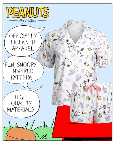 Image of COCO BRANDS Peanuts Snoopy Womens Pajama Set - 2 Piece Short Sleeve Button Down Sleep Shirt and Pajama Shorts