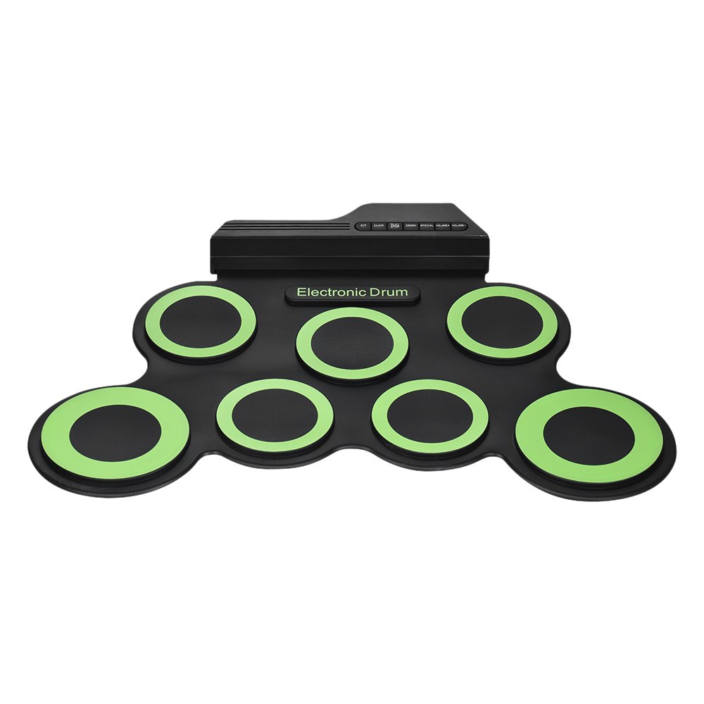 Kit de batería enrollable digital digital portátil de tamaño compacto, 7 almohadillas de silicona alimentadas por USB con baquetas, pedales de pie de 3,5 mm, cable de audio para practicar