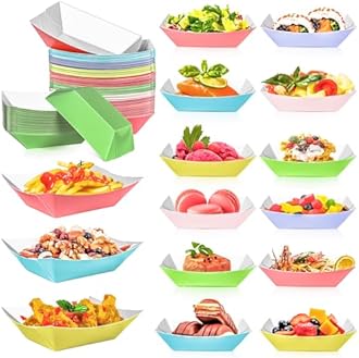 MotBach 180 Pack Colorful 1/2Lb Paper Food Boat Trays Disposable Small Paper Boats Plates Containers, 0.5Lb Mini Kraft Food Serving Boat Tray Bowl for Snack Dessert Taco Popcorn BBQ Sauce Fries Nacho