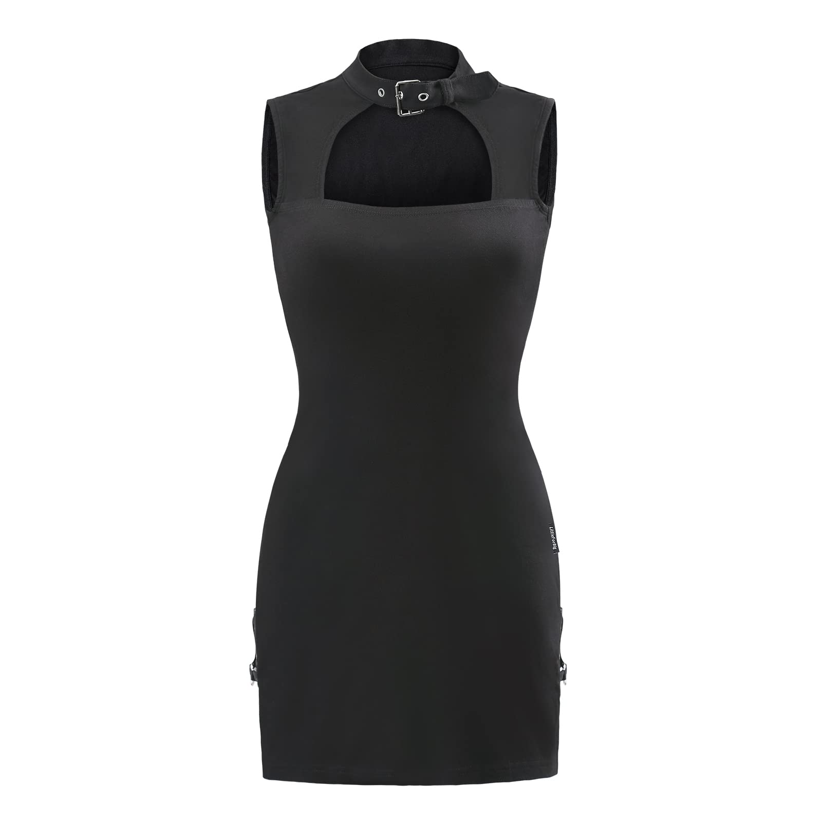 Littleforbig Women Cotton Sleeveless Cyber Goth Bodycon Collared Mini Dress Skirt: Small Black