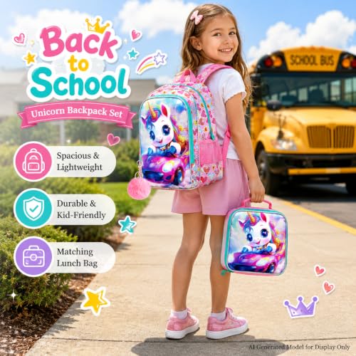 Image of 3Pcs Unicorn Backpack for Girls, 16 inch School Backpacks Set for Elementary Preschool Kindergarten, Kids Car Bookbag with Lunch Box(Pink)