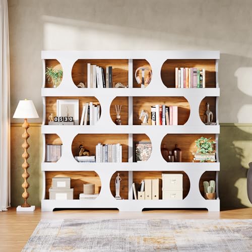 Image of Tribesigns 71 inch Tall Bookcase Set of 2, 4-Tier S-Shaped Bookshelf, Wood Decorative Storage Shelving, Modern Freestanding Display Shelves, Large Library Bookshelf Unit for Home Office, White & Brown