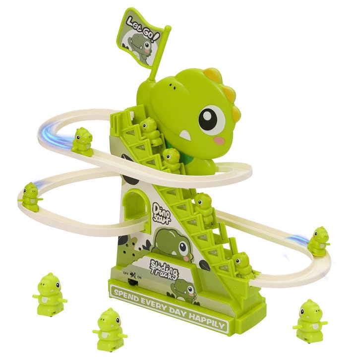 Maycoly Race Track Toy Climbing Stairs Toys with 3 Dino Kid Fun Playing Games with Slide Light Music Roller Coaster Toy Set Slide Musical Toys Improve Attention for Boys Girls