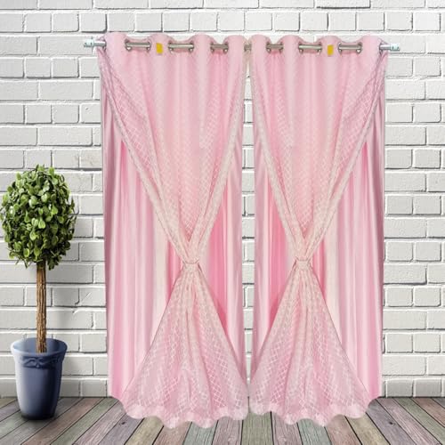 Image of Double Curtains 2 in 1 Embroidery Transparent Curtain with 80% Blackout Curtain Best for Every Interior Living Room (Pink,5- feet Set 2)