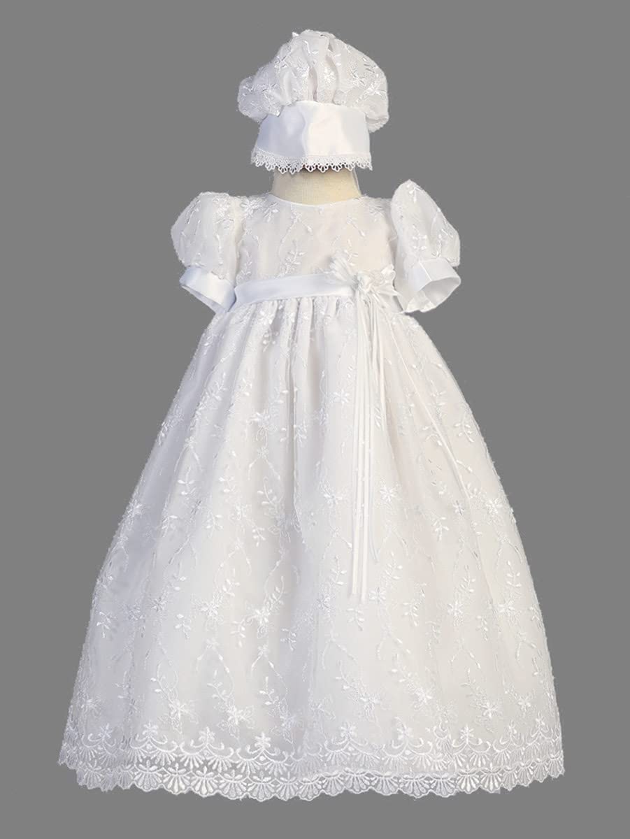 SWEA Pea & Lilli Emma Girls Christening Baptism Embroidered Tulle Gown Dress (12-18m) White