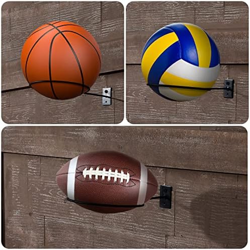 Miniatura 7 de Lounsweer 10 soportes para bolas de montaje en pared, almacenamiento de baloncesto de metal negro, estante universal de bolas para baloncesto,