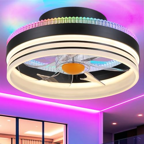 Image of Mpayel RGB Ceiling Fans with Lights, 13 inch Low Profile Ceiling Fan with Light and Remote, 3000-6000K Dimmable Modern Black Flush Mount LED Fan Light for Bedroom, Living Room, Kitchen