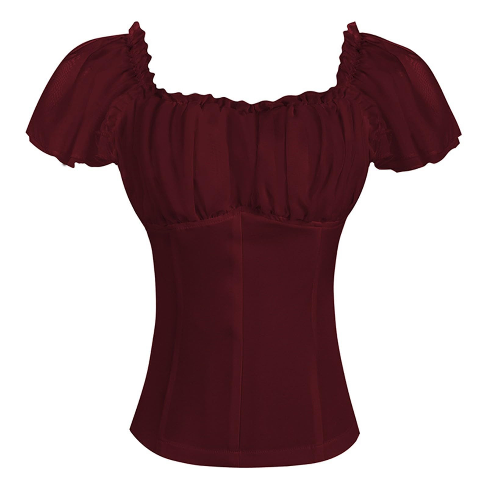 GMQWRK Women's Square Neck Shirts Elegant Puff Sleeve Cropped Tops Vintage Ruffle Frill Trim Slim Fit Crop Shirt Medieval Renaissance Blouse Teen Girl Halloween Costume Top for Corset Belt Wine