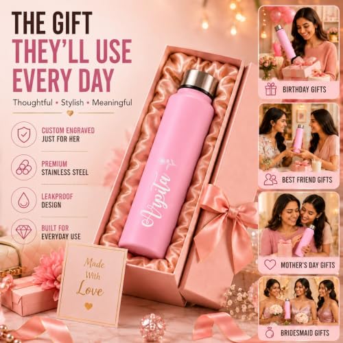 Image of Courage Personalised Stainless Steel Water Bottle 1 Litre | Custom Name Engraved Bottle | Leak-Proof, BPA-Free, Rust-Resistant | Stylish Gift for Kids, Women & Men | Office, School & Gym Use (Pink)