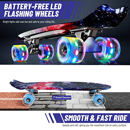 BELEEV 22 inch Skateboards for Kids, Cruiser Skateboard for Beginners Girls Boys Teens Adults, Mini Skateboards Classic Complete Skate Board with Skate T-Tool, Max Load 220 LBS (Purple Nebula)