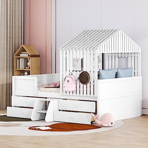 Full Size House Bed For Kids , Wooden Full Low Loft Bed With 4 Drawers, Full Storage Bed Frame With Roof And Windows ,Cabin Playhouse Bed For Girls, Boys ,No Box Spring Needed,White #TOP3