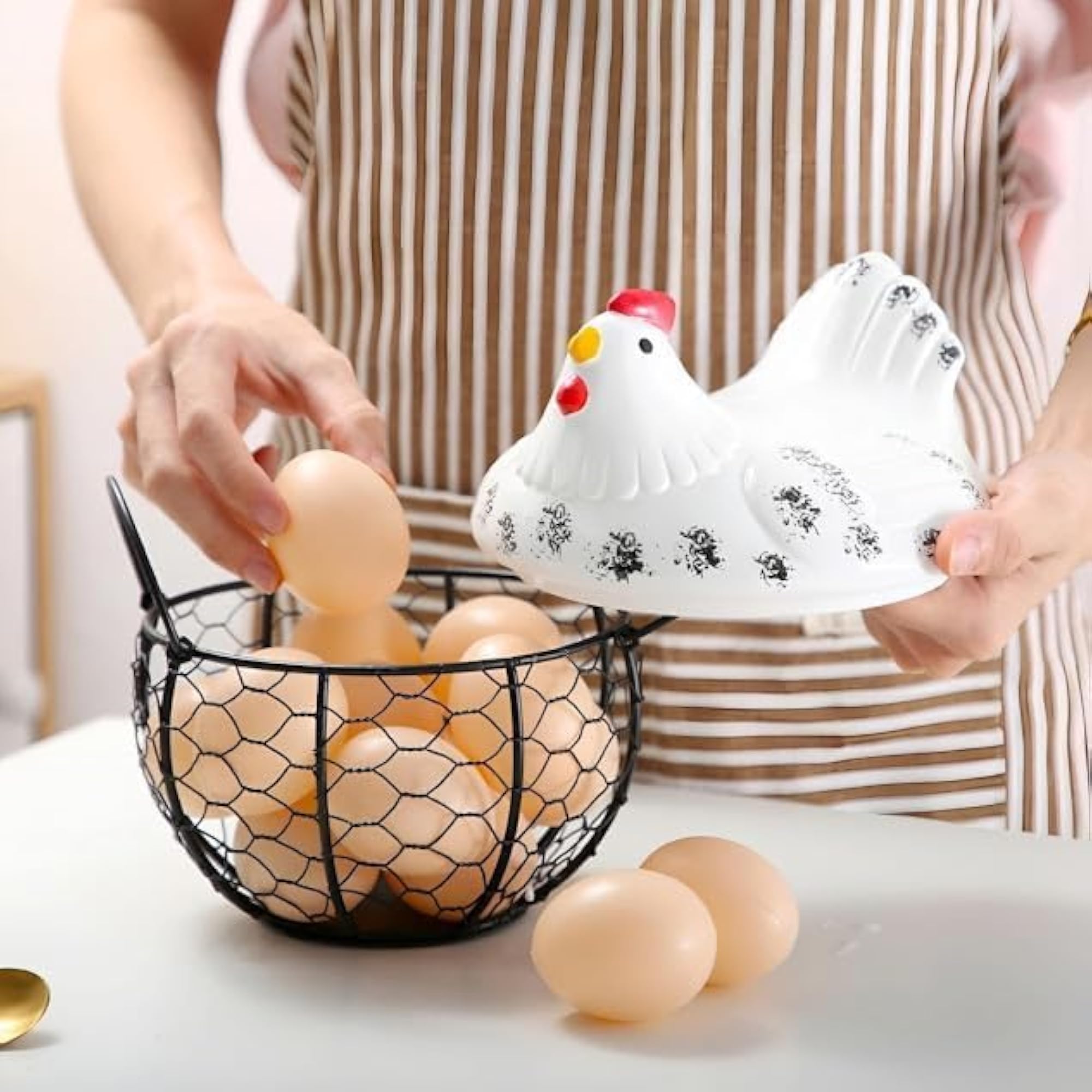 Farmhouse Chicken Egg Basket with Ceramic Hen Lid, Rustic Storage