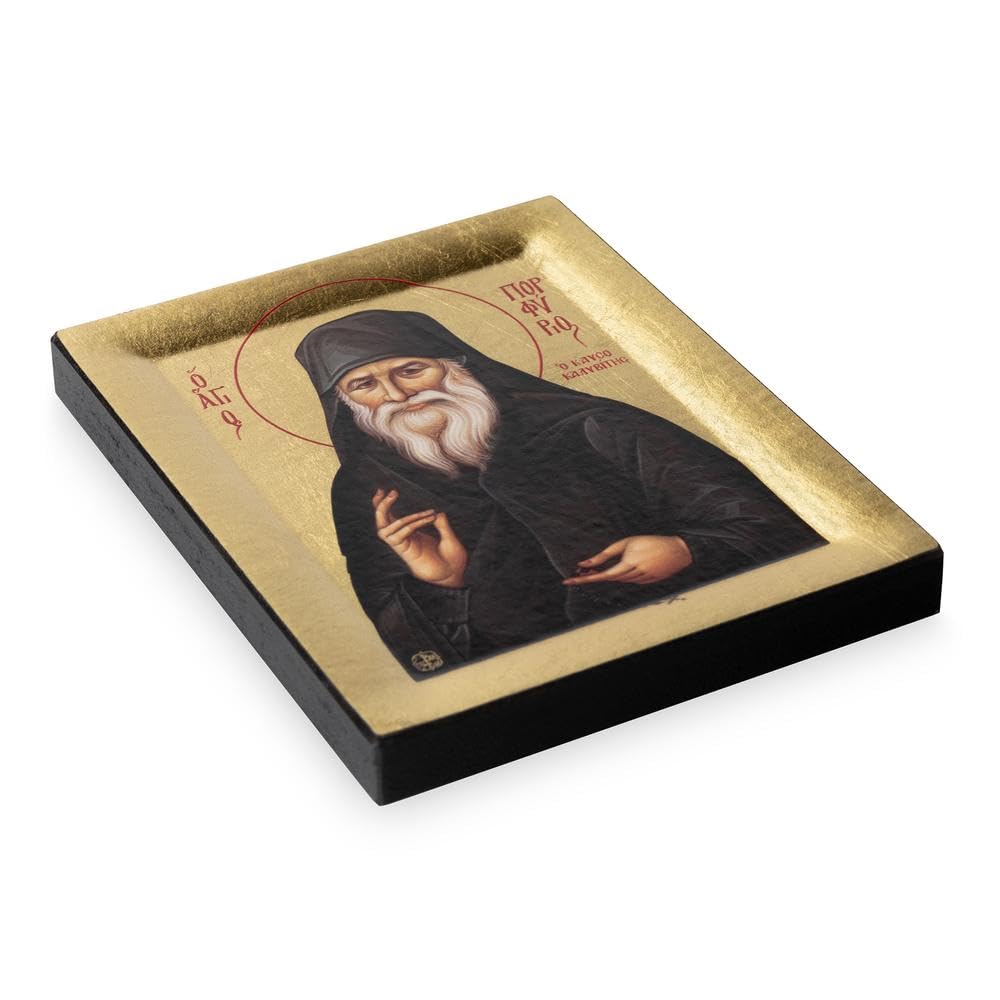 VATOPEDI MONASTERY Heiliger Porphyrios von Kavsokalyvia – Griechisch-Orthodoxe Ikone auf Leinwand mit goldenem Hintergrund vom Berg Athos (19 x 15 cm)