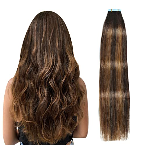 Image of SUYYA Tape In Hair Extensions Human Hair 18 Inch #P2 /8 /T2 Brown Balayage | Remy Human Hair, Invisible Skin Weft, Straight Hair, 20PCS 40G, Darkest Brown to Light Brown Balayage, Added Length & Volume