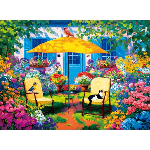 Rompecabezas de 500 piezas para adultos: patio con pájaros y flores, jardín colorido de cabaña, actividad familiar ideal como regalo miniatura 1