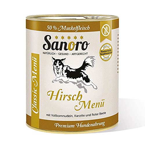 Sanoro Menü Classic Hirsch mit 50% Fleischanteil - Premium Hundefutter in Teil-Bio-Qualität - Hirsch mit Bio-Vollkornnudeln, Bio-Karotte und Bio-Roter Beete - singleprotein (1 x 800g).