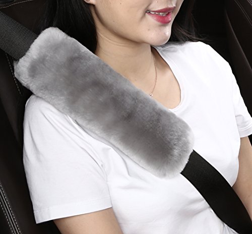 Dotesy Auto Genuine Sheepskin Seat Belt Cover, Universal Fuzzy Pure Wool Car Seatbelt Cover Shoulder Pads for Adults Kids Children,Safety Belt Strap Chest Protector Neck Cushion,Grey