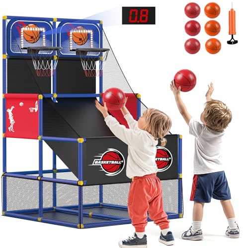 M SANMERSEN Kids Double Basketball Hoop Arcade Game Set with 6 Balls Electronic Scoreboard LED Light, Indoor & Outdoor Play, Birthday/Halloween for 3-8 Year Old Boy and Girl