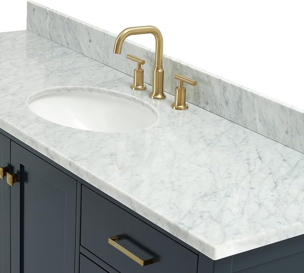 DKB Beckford 67-Inch Midnight Blue Single Bathroom Vanity, Italian Carrara Marble Countertop & Backsplash, 1 Oval Undermount Sink, 2 Soft Closing Doors, 9 Dovetail Drawers, Satin Brass