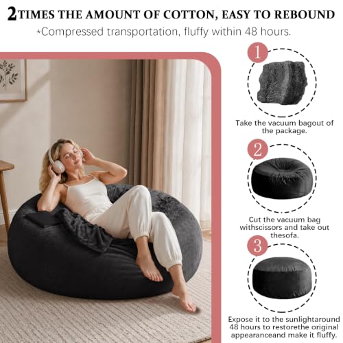 Image of 5FT,Big Bean Bag Chairs for Adults,Bag with Filler Included,Comfortable and Soft Plush ,Memory Foam Bean Bag,Oversized Bean Bag,Read Chair Suitable for Living Room and Bedroom (Black, 5 Foot)