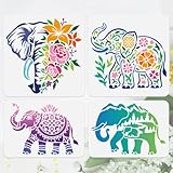Doodlream 4 plantillas reutilizables de elefante para pintar silueta de elefante, mandala, flores y bosques, plantillas de dibujo para madera, pared, tela, vidrio, lienzo, papel