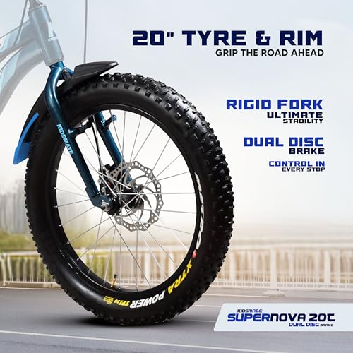 Image of Kidsmate Supernova 20T Fat (20 x 3.0) Tire Cycle for Kids 7-10 Years | Dual Disc Brake Bicycle with Rigid Fork | Wide Tyres, Strong Steel Frame Bike for Kids - Stelios Blue