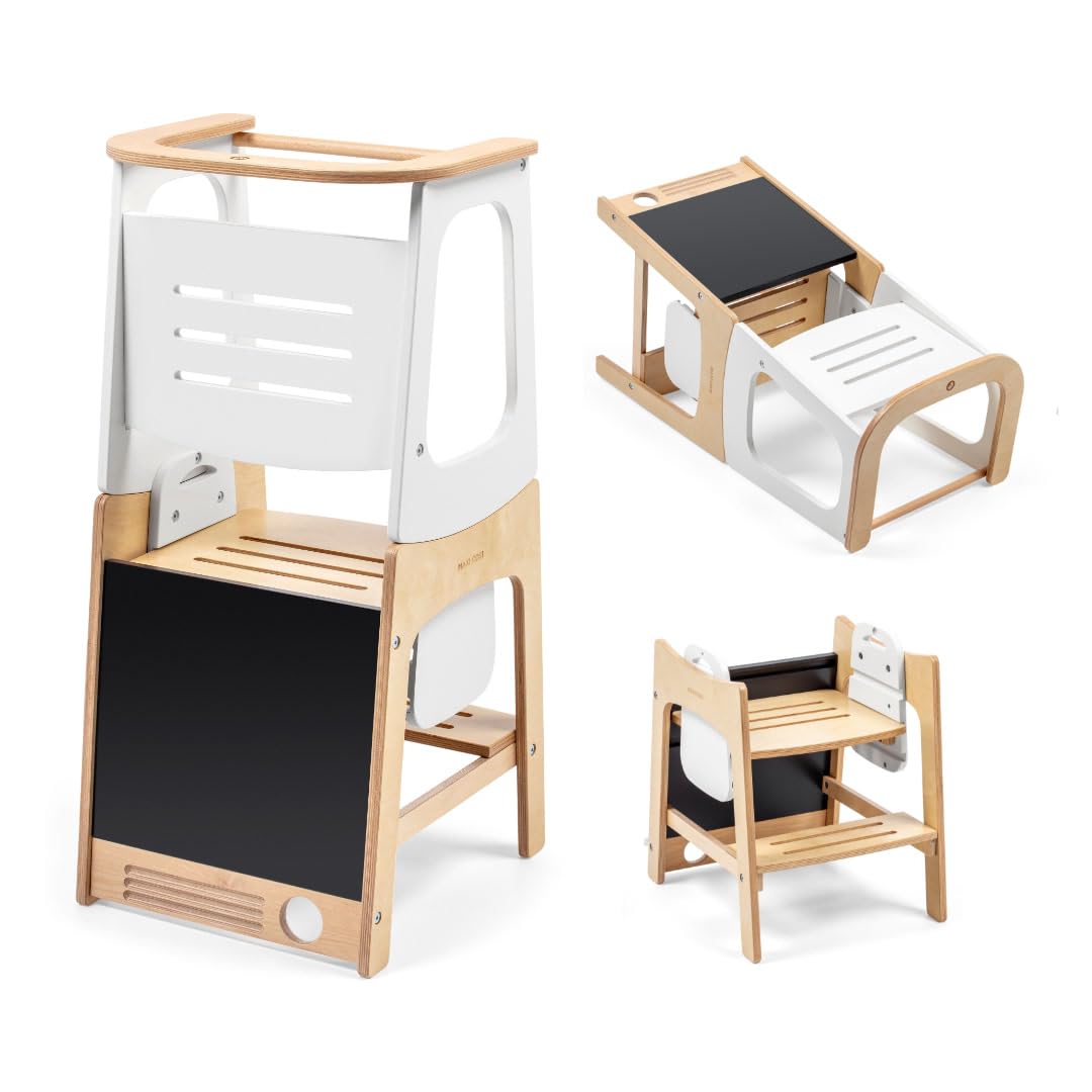 Maxi-Cosi Toucan, Torre Montessoriana Bambini, Torre di apprendimento in legno, Lavagna, Regolabile in Altezza, Convertibile in Tavolo+Sedia, Portata 150kg, Legno Certificato FSC 100%, Natural Wood