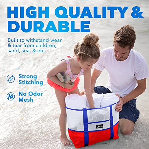 Dejaroo - Sand Free Mesh Bag - Strong Lightweight Tote For Beach & Vacation Essentials. Tons of Storage with 8 Pockets, Foldable, 17x9x15 inches, Red and White with Blue Straps