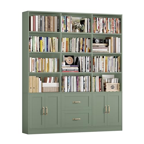 HOSTACK 71 Tall Triple Wide Bookshelf with Storage Drawers & Doors Green