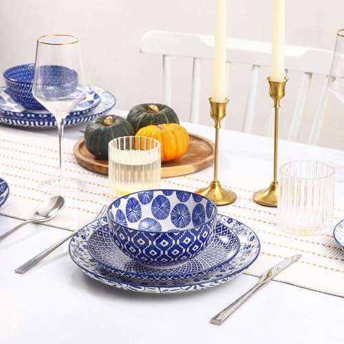 Image of Selamica Ceramic Plates and Bowls Sets,12 Pieces Dinnerware Sets for 4,Scratch Resistant Dish Set,Dishwasher & Microwave Safe, Vintage Blue