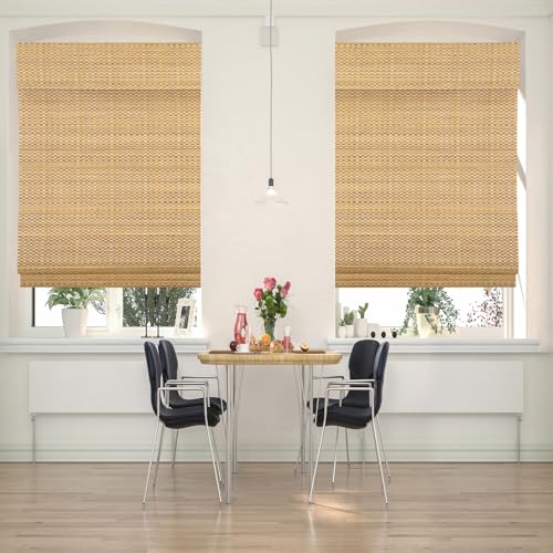 CHEFRU No Drill No Tools Cordless Bamboo Window Roman Shades, Indoor/Outdoor Light Filter Wood Window Shades Blinds, Gold