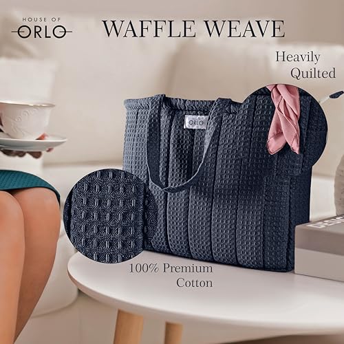 Image of Premium Cotton Waffle Quilted Tote Bag, Large Spacious Handbag for College, Office, Work, Travel, Shopping & Daily Use