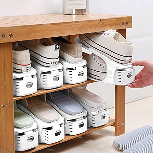 AMOS Shoe Slot 10 Piece Pack Pair Adjustable Space Saver Shelf Storage Holder Organiser (White)