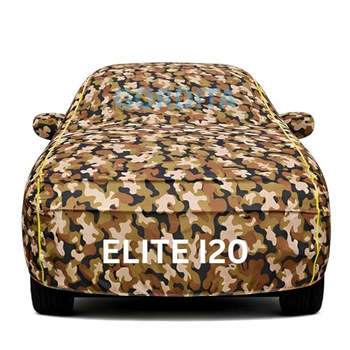 Image of Waterproof Car Body Cover for Elite i20 All Weather Protection Comes with Inner Cotton Lining & Triple Stitched with Mirror & Antenna Pocket Belt & Elastic Fit Army with Yellow Piping2