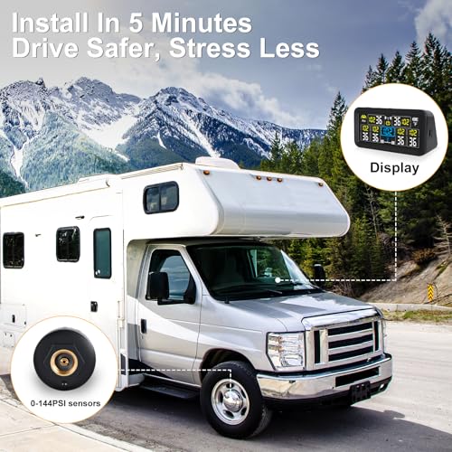 Rv Tire Pressure Monitoring System, Tire Pressure Monitor with Solar/USB Charge, 0-9.9BAR/144PSI TPMS with 6 Sensors & 6 Alarm Modes, Real-time Color LCD Display for RV Trailer Truck SUV - Image 6