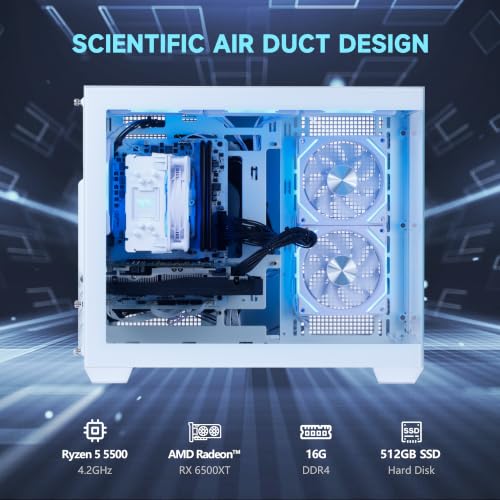 Image of MLOONG Gaming PC Desktop, AMD Ryzen 5 5500(6Core 12Threads Up to 4.2G),AMD Radeon RX 6500XT 4GB Graphics,16GB DDR4 RAM 3200MHz,512GB NVMe SSD,650W PSU,WiFi Prebuilt Tower Computer with Win11 Home
