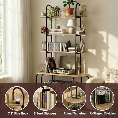 Image of Faesun Record Player Stand with Storage, 5-Tier Turntable Stand with Charging Station, CD Storage with Adjustable Book Stoppers, for CDs, Vinyl Records, Books, Games, for Living Room, Bedroom, Oak