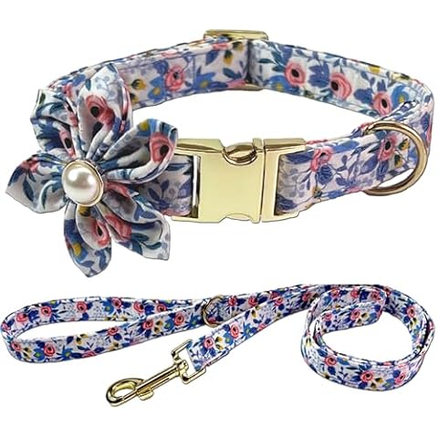 Flower Dog Collar and Leash Set, Elegant Durable Spring Floral Dogs Collars with Leashes, Soft Comfortable Cotton Cute Rose Collars Leashes, Boy Girl Dog Accessories (Light Blue, 12-20 in) Cover