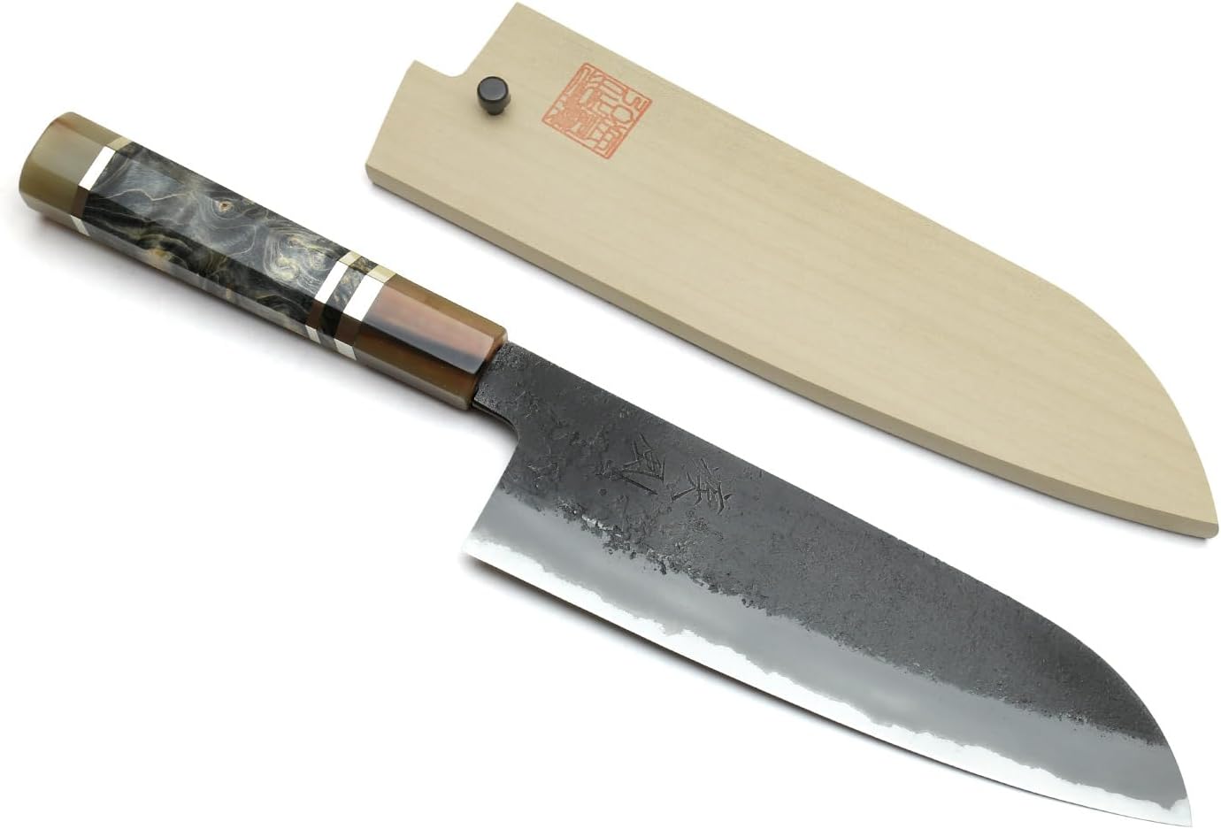 Yoshihiro Hayate Hinoura Kurouchi Black-Forged Blue Steel Stainless Clad Santoku Multipurpose Knife (7" (180mm) & Saya)