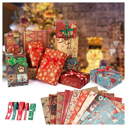 Papel de Regalo Kraft Navidad 9 Hojas Papel Para Envolver con 5 Rollos Cintas Regalos Papel Regalo Navideño en Diferentes Patrones para Cumpleaños,San Valentín,Baby Shower,Día De Fiesta,Navidad
