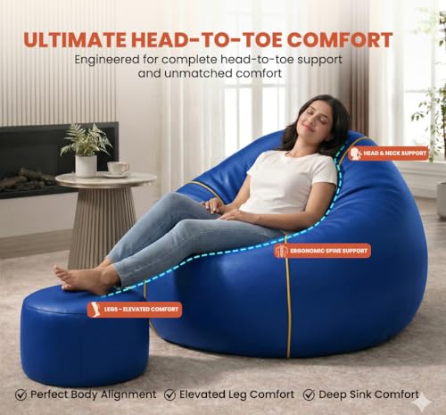 Image of Sattva Piping 4XL Sofa Style Bean Bag with Beans Filled | Faux Leather Bin Bags Sofa Combo + Footstool & Cushion | Filled Beanbags for Adults & Teens | Beans Bag with Beans - Royal Blue /Yellow Piping