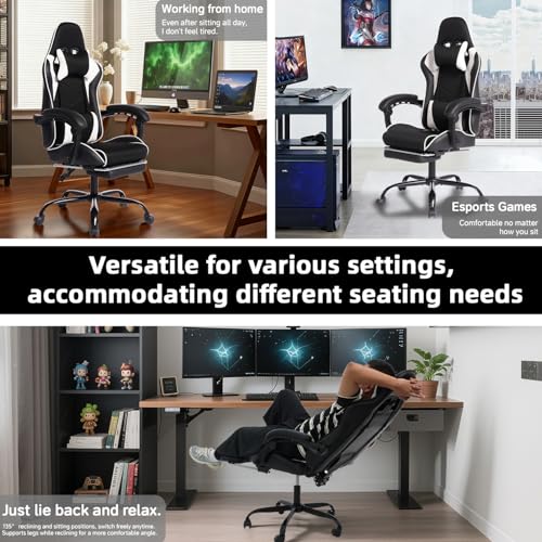 Image of Gaming Chair with Headrest and Lumbar Support, High Back Leather Computer Office Desk Chair with Footrest, 360 Swivel Height Adjustable Recliner Game Chair (Black White)