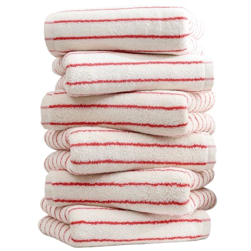 Qaxopl Striped Towels for Bathroom 6 Pack Bath Hand Towels 100% Cotton Absorbent Quick Dry Face Towels for Bathroom Showering & Guest & Men and Women 13 x 29 Red and White Stripe