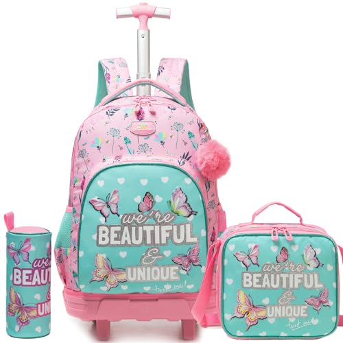 ZBAOGTW Mochila com rodinhas para crianças de 8 a 12 anos, mochila com rodinhas para meninos escolares, Borboleta rosa, Medium
